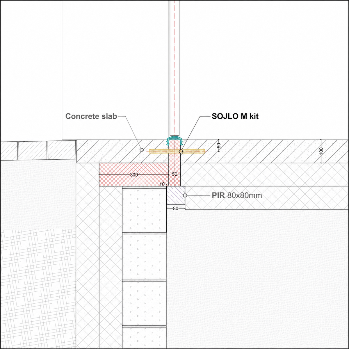 SOJLO solution for strip foundations. Designed for use at the junction of the foundation wall and ground-bearing floor at a door opening.